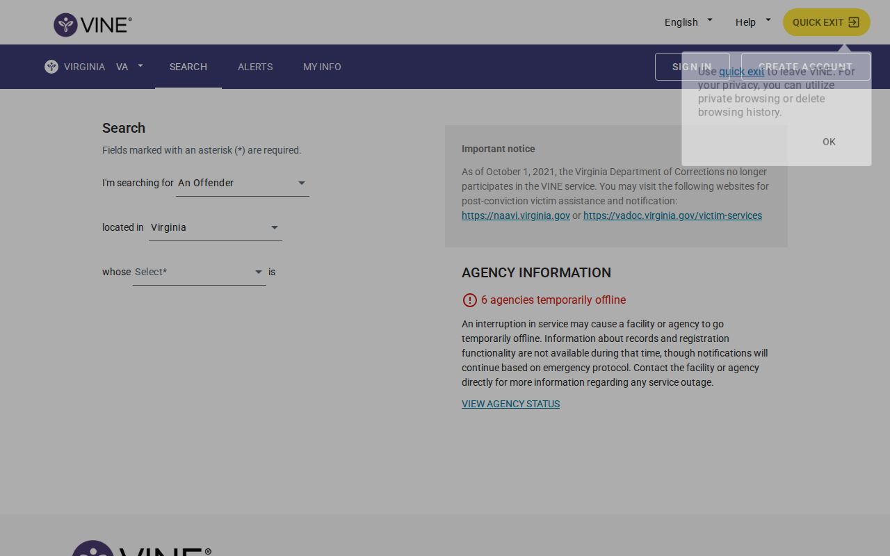 Virginia VINE custody lookup for Nelson County arrest records