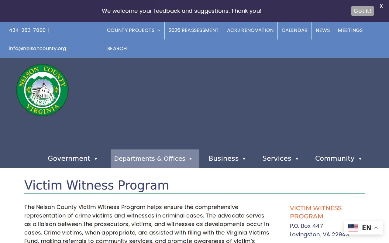 Nelson County Victim Witness services related to arrest and court records