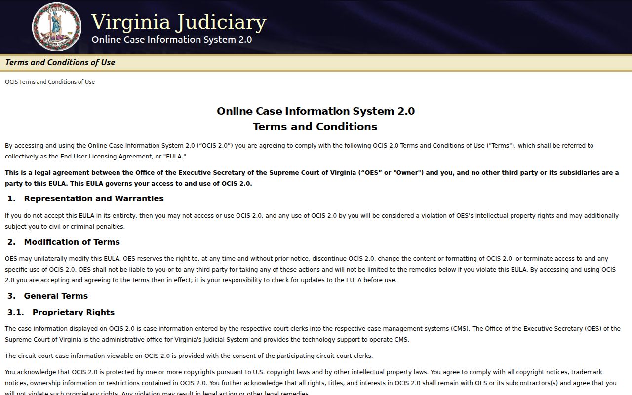Nelson County criminal court case search fields in Virginia OCIS